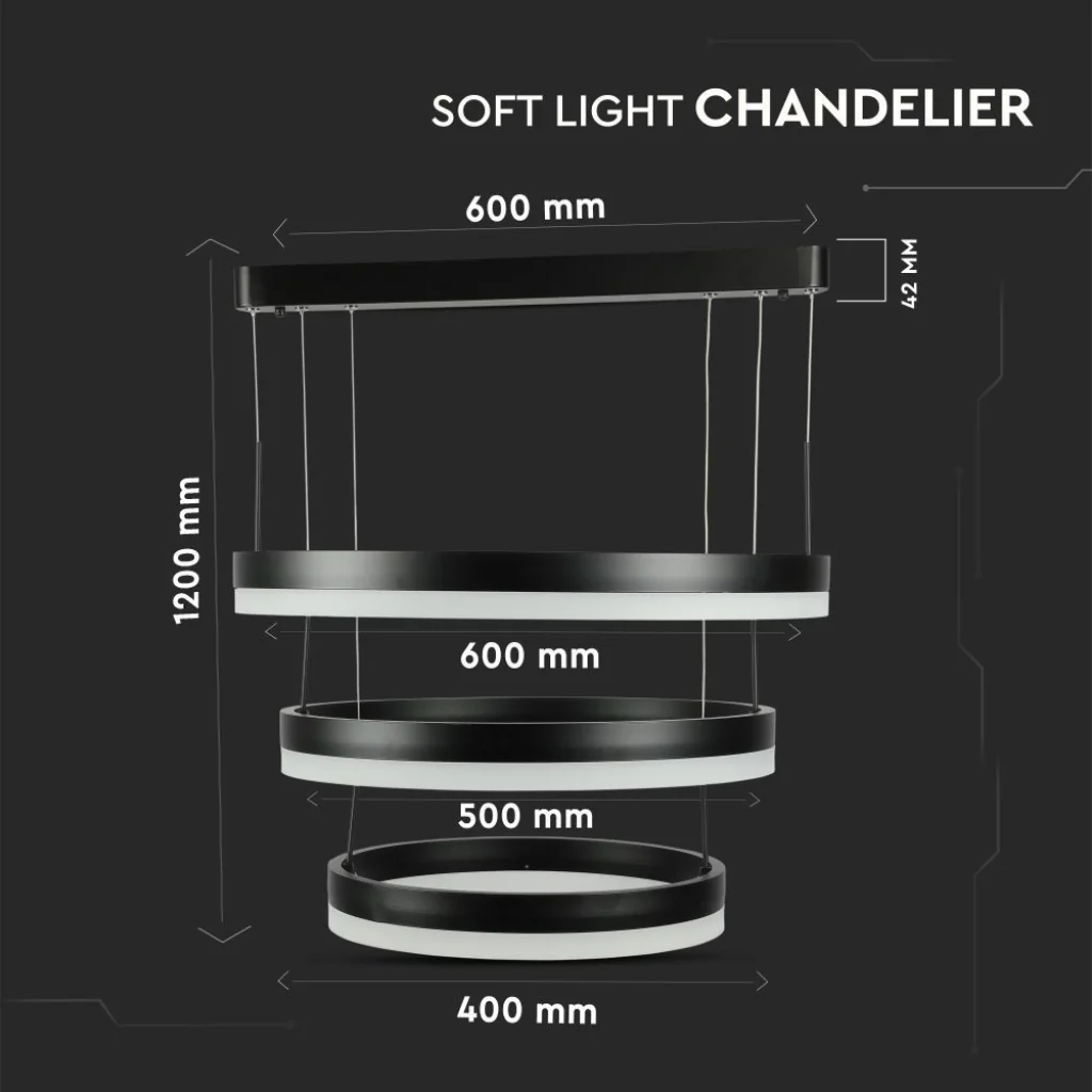 Lampadario LED Sospensione 3 Cerchi 86W Nero 3000K – V-TAC - Image 2