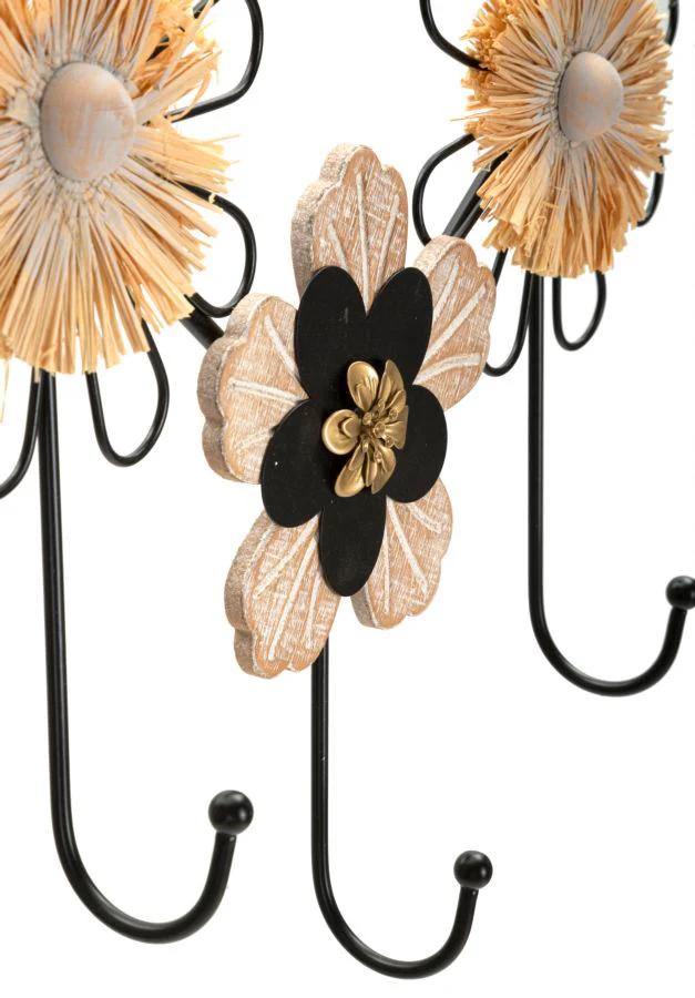 Appendiabiti da Parete in Legno e Raffia con Design Florale cm 61x5,5x30,5 - Image 3