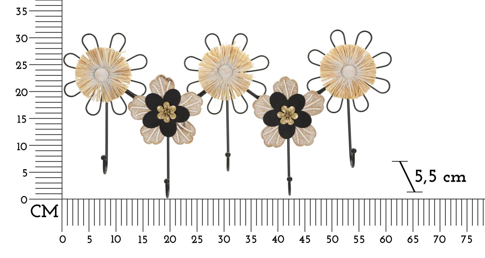 Appendiabiti da Parete in Legno e Raffia con Design Florale cm 61x5,5x30,5 - Image 6
