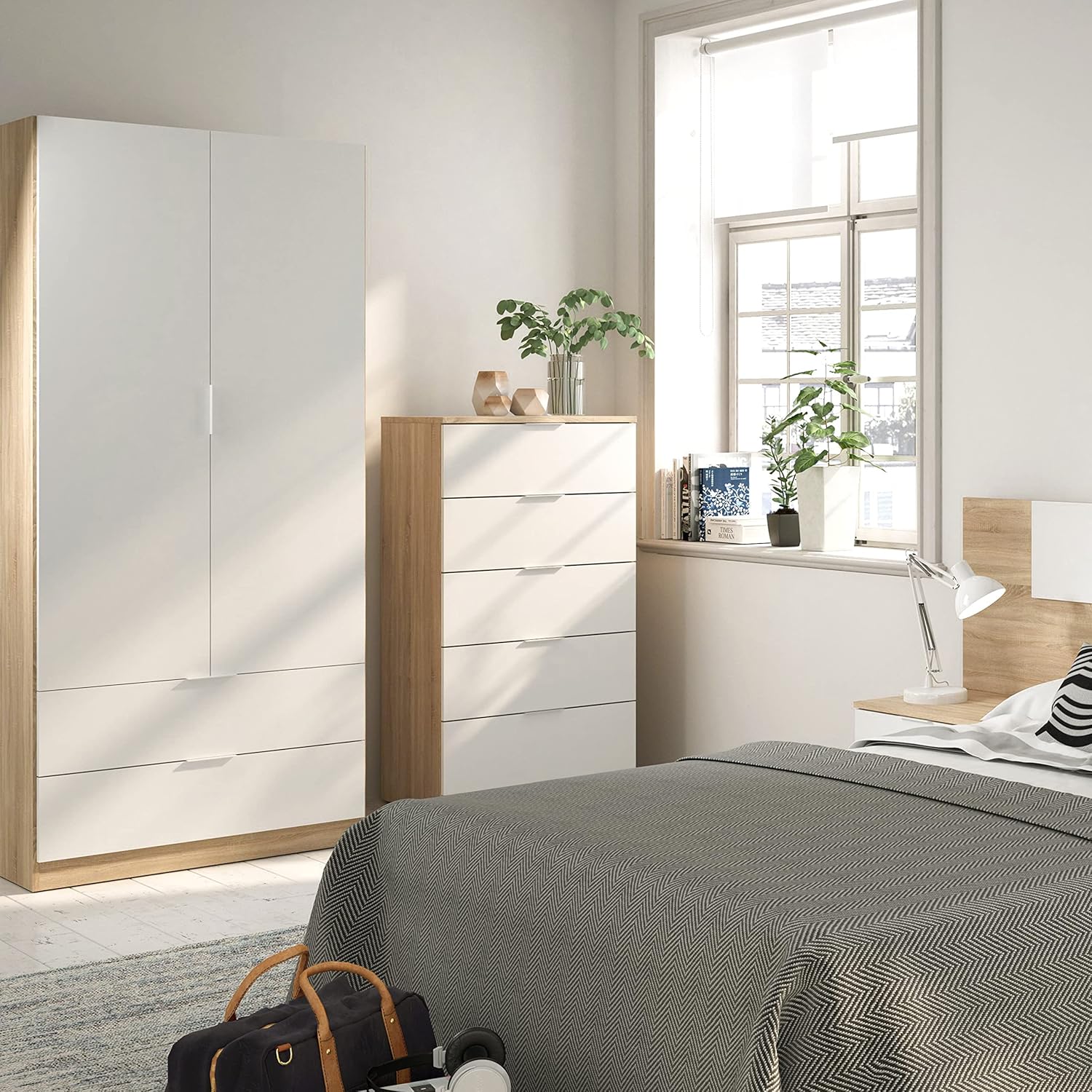Armadio 2 ante e 2 cassetti bianco artik e rovere Canadian 81x52x180h - Image 8