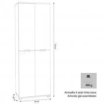 Armadio 4 Ante Tinta Noce, cm 60x38x174 - Image 3