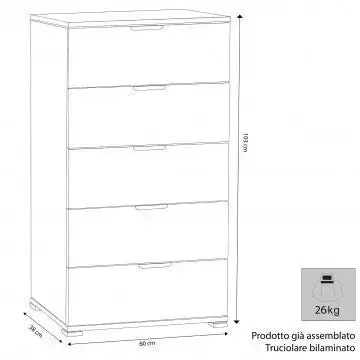 Cassettiera 5 Cassetti Naturale - Dimensioni: cm 60 x 38 x 103 h - Image 3