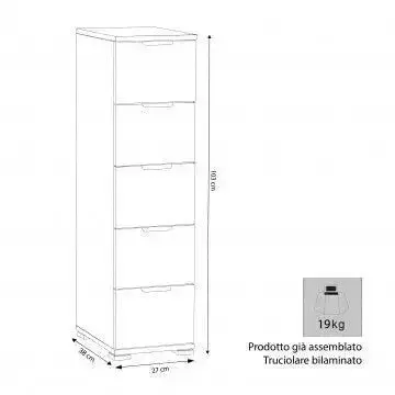 Cassettiera 5 Cassetti Rovere Grigio - Dimensioni: cm 27 x 38 x 103 h - Image 3