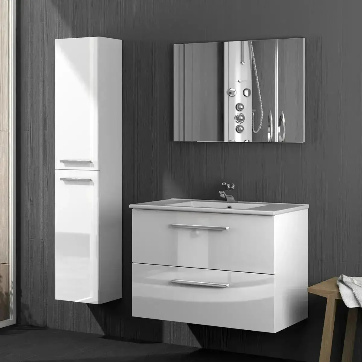 Colonna per il bagno con 2 ante 30x25x150 cm colore bianco - Image 2