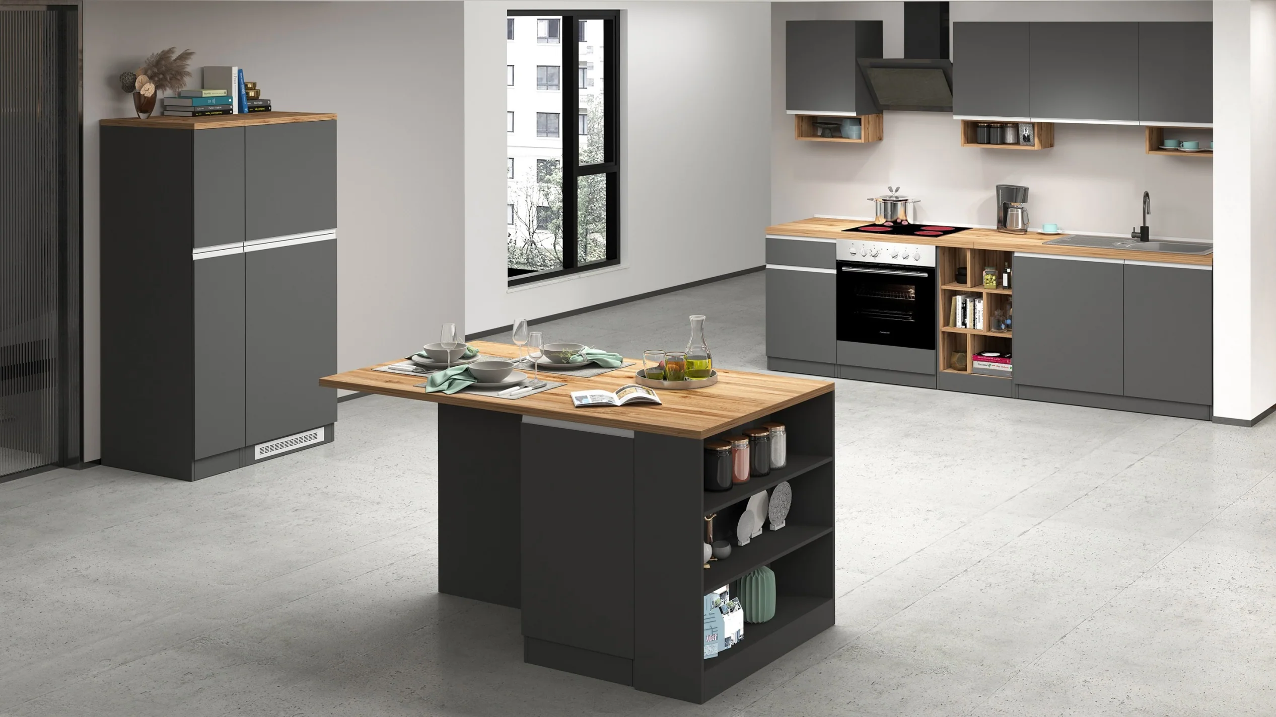 Cucina Lineare SOLE 256 cm - Antracite/Rovere Wotan, Top 35 mm - Image 13