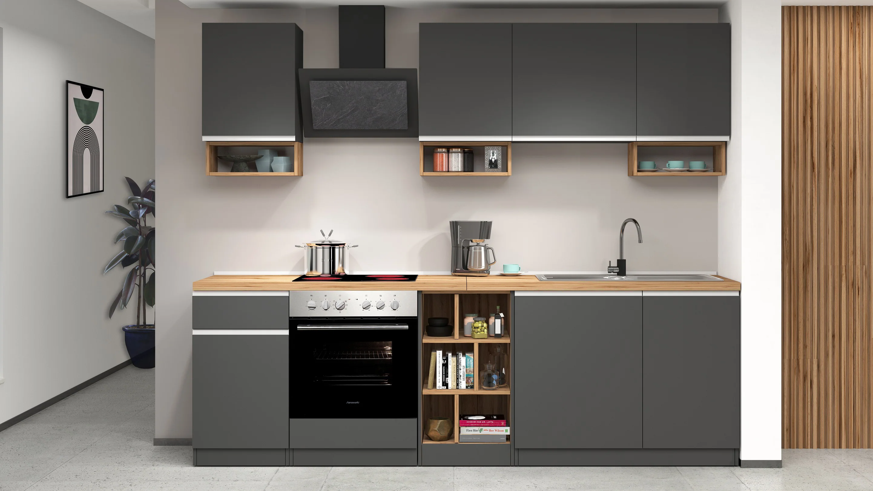 Cucina Lineare SOLE 256 cm - Antracite/Rovere Wotan, Top 35 mm - Image 2