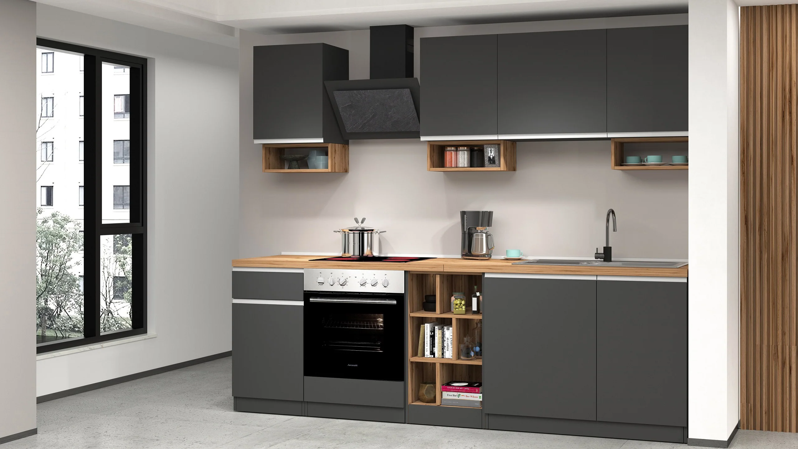 Cucina Lineare SOLE 256 cm - Antracite/Rovere Wotan, Top 35 mm - Image 3