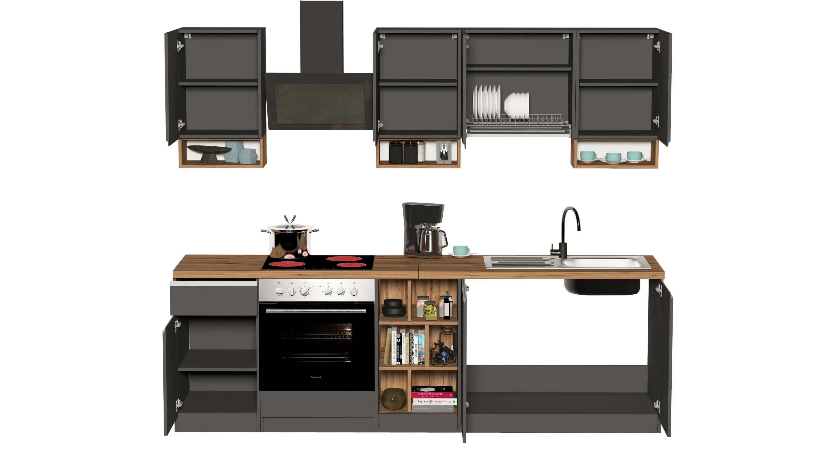 Cucina Lineare SOLE 256 cm - Antracite/Rovere Wotan, Top 35 mm - Image 4