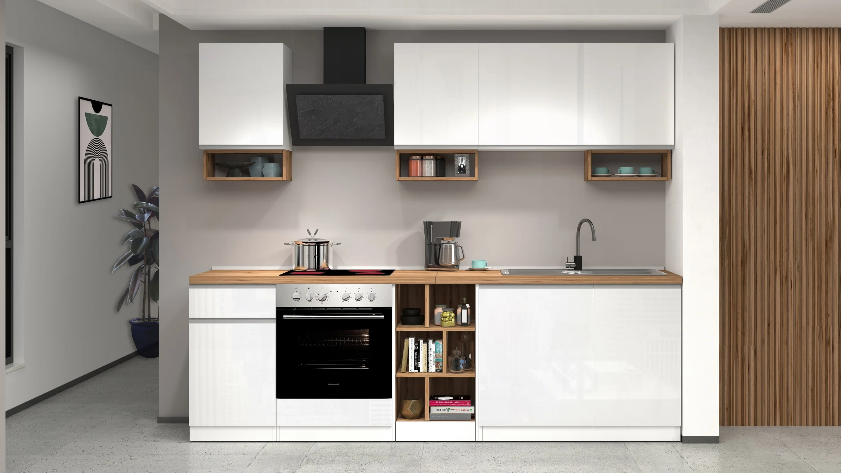 Cucina Lineare SOLE 256 cm - Bianco Lucido e Rovere, Design Moderno Made in Italy - Image 4