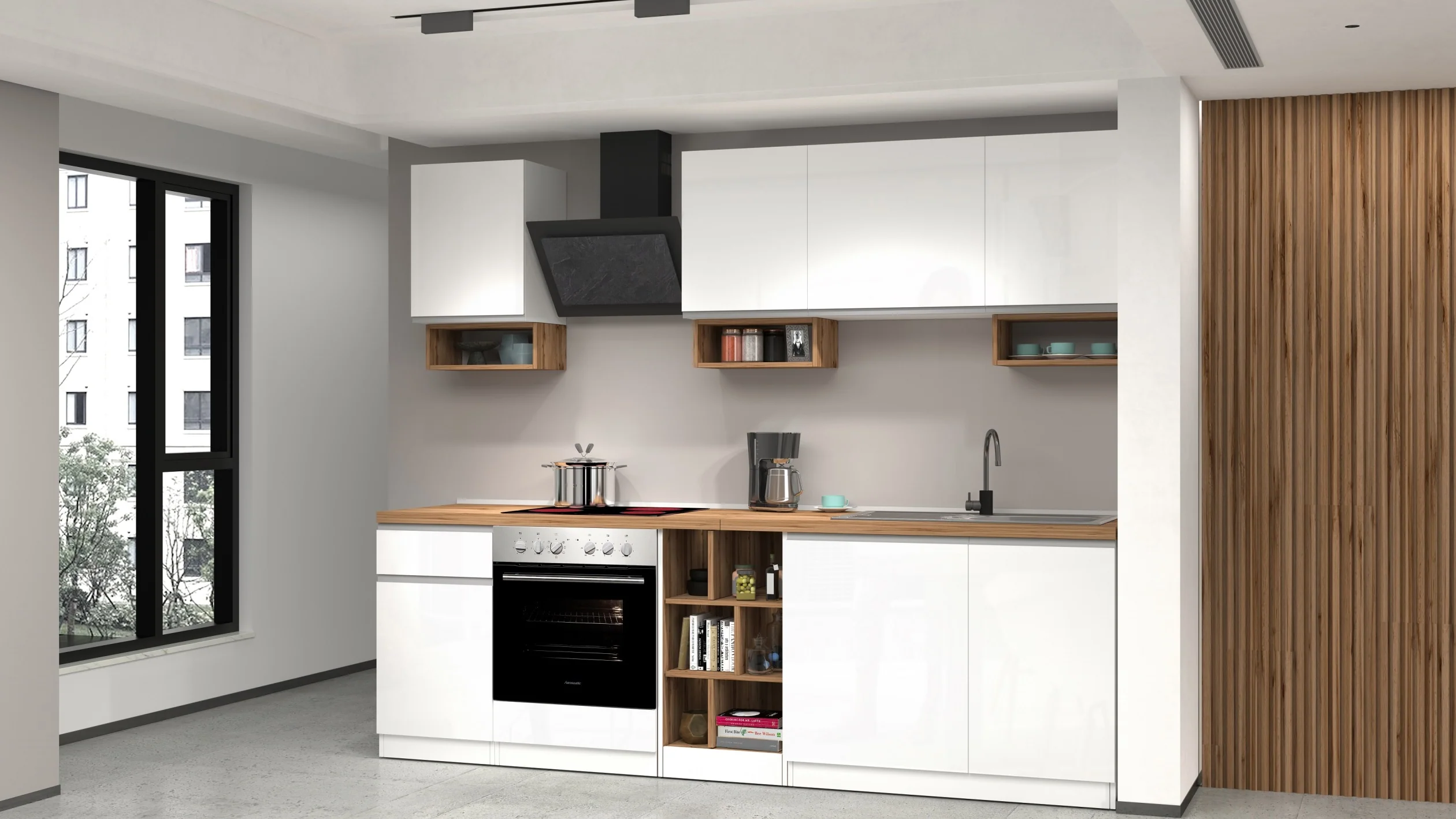 Cucina Lineare SOLE 256 cm - Bianco Lucido e Rovere, Design Moderno Made in Italy - Image 6