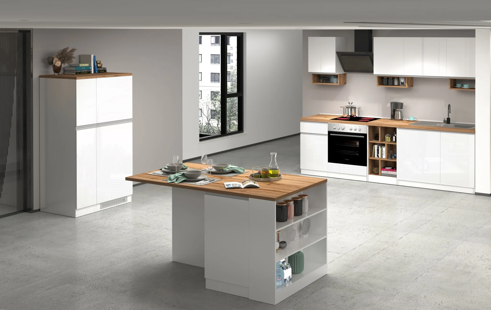 Cucina Lineare SOLE 256 cm - Bianco Lucido e Rovere, Design Moderno Made in Italy - Image 7