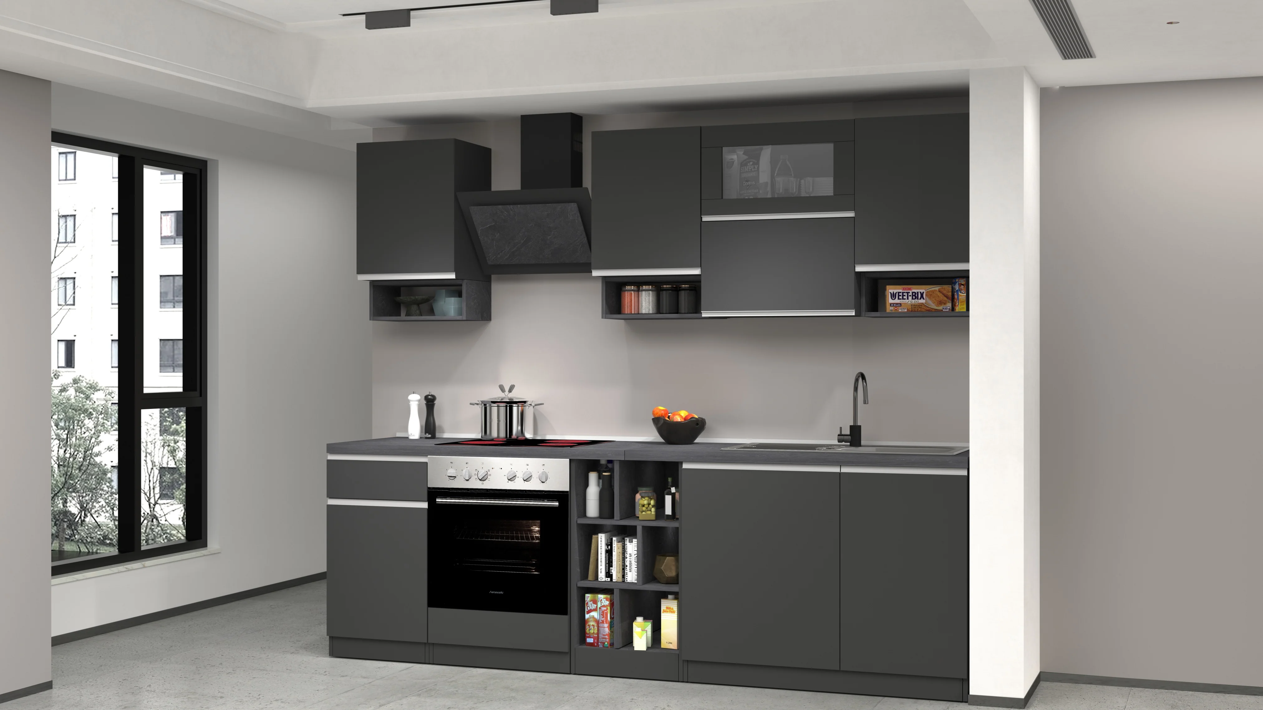 Cucina Lineare SOLE 256 cm - Antracite/Report e Legno Chiaro, Made in Italy - Image 6