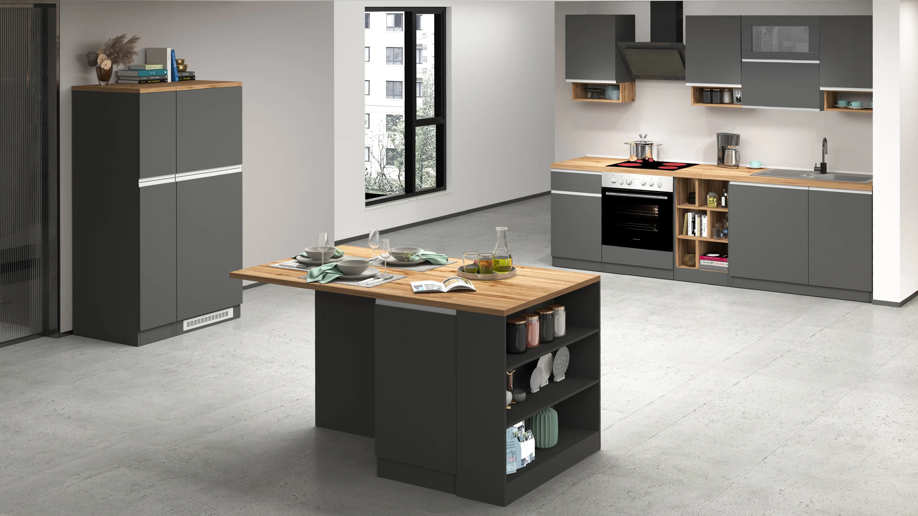 Cucina Lineare SOLE 256 cm - Antracite e Rovere Wotan, Design Moderno - Image 5