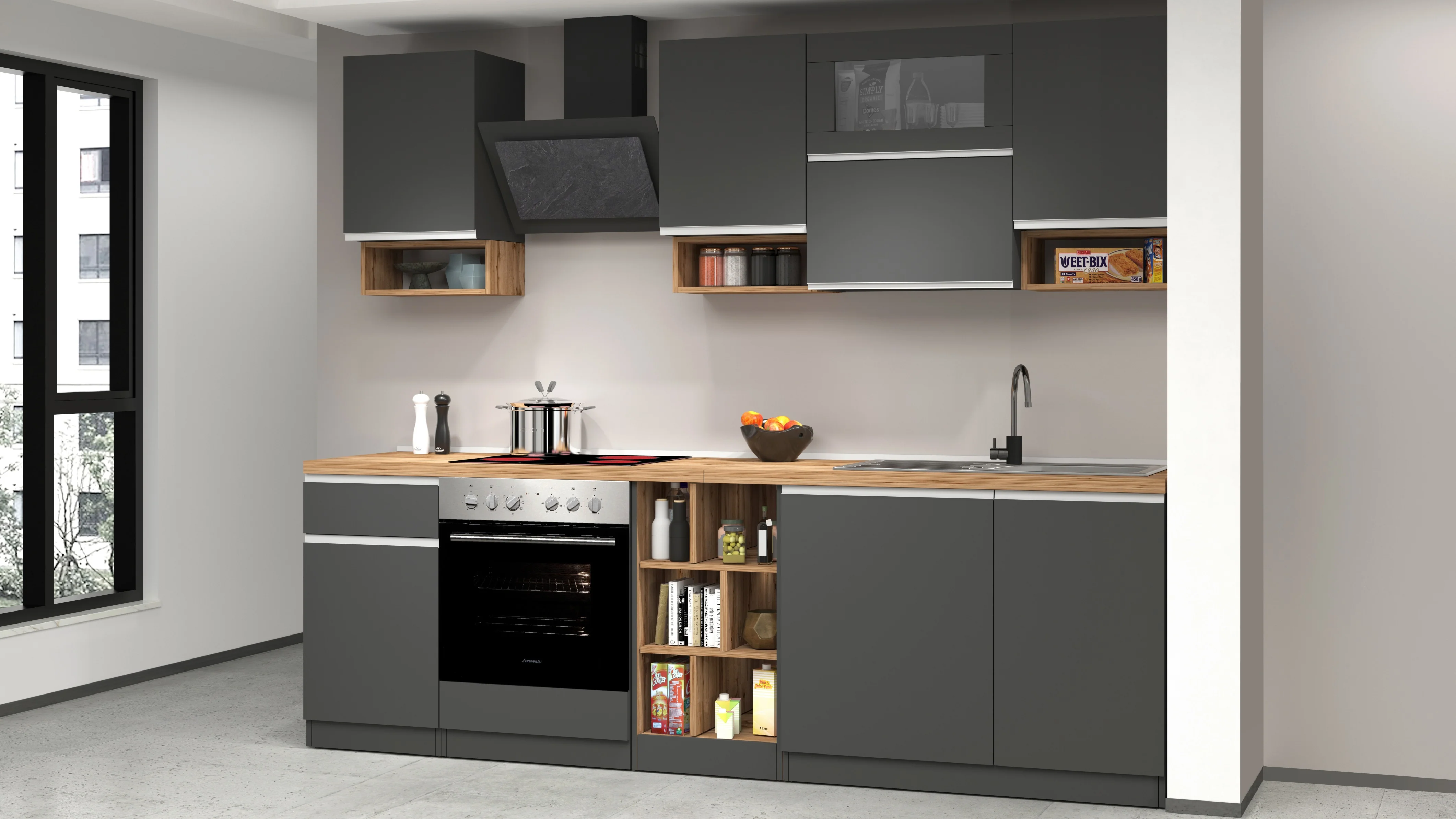 Cucina Lineare SOLE 256 cm - Antracite e Rovere Wotan, Design Moderno - Image 6