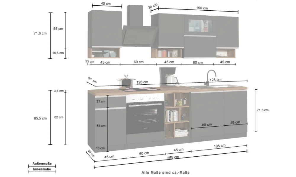 Cucina Lineare SOLE 256 cm - Bianco Lucido e Rovere, Design Moderno - Image 14