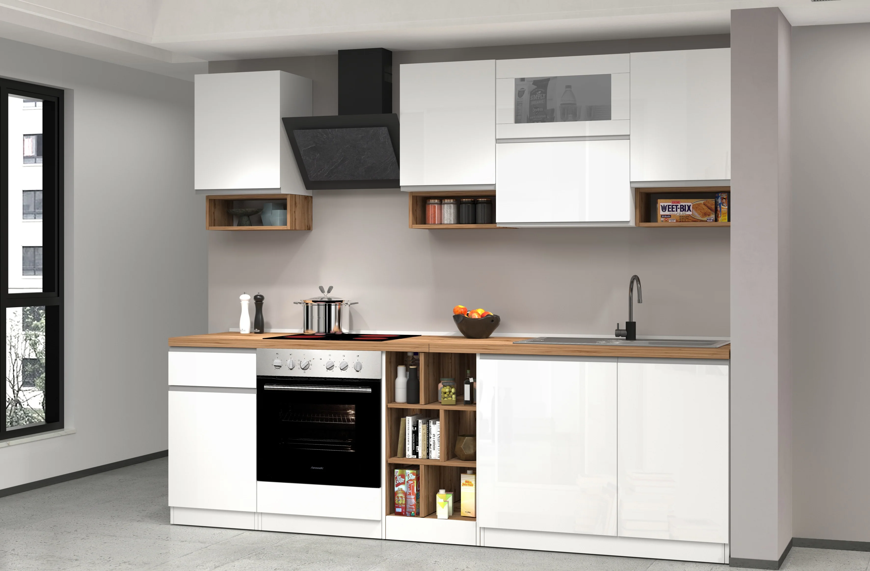 Cucina Lineare SOLE 256 cm - Bianco Lucido e Rovere, Design Moderno - Image 5