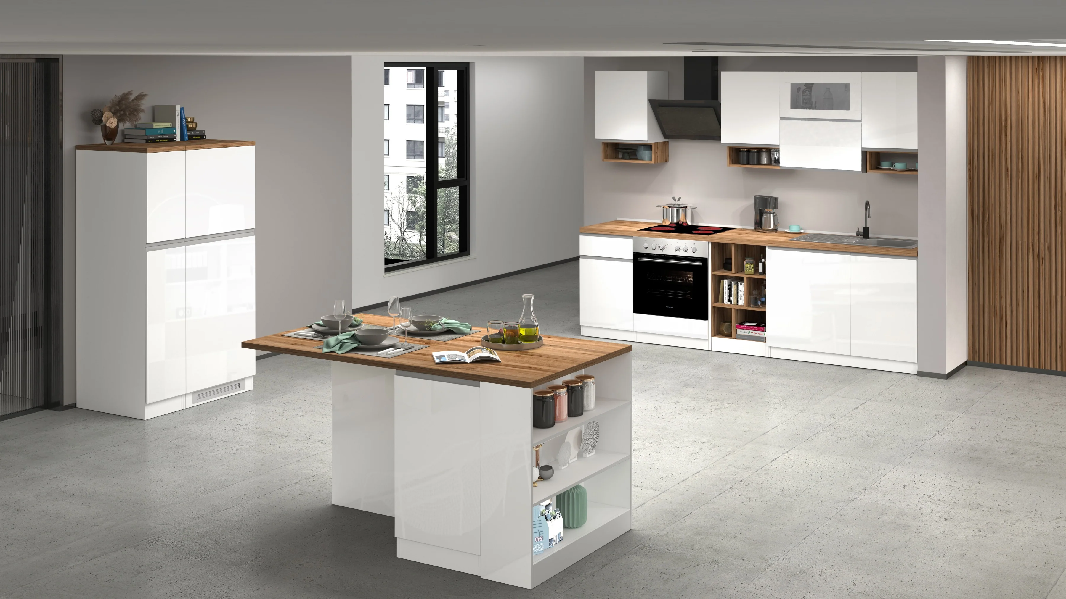 Cucina Lineare SOLE 256 cm - Bianco Lucido e Rovere, Design Moderno - Image 7