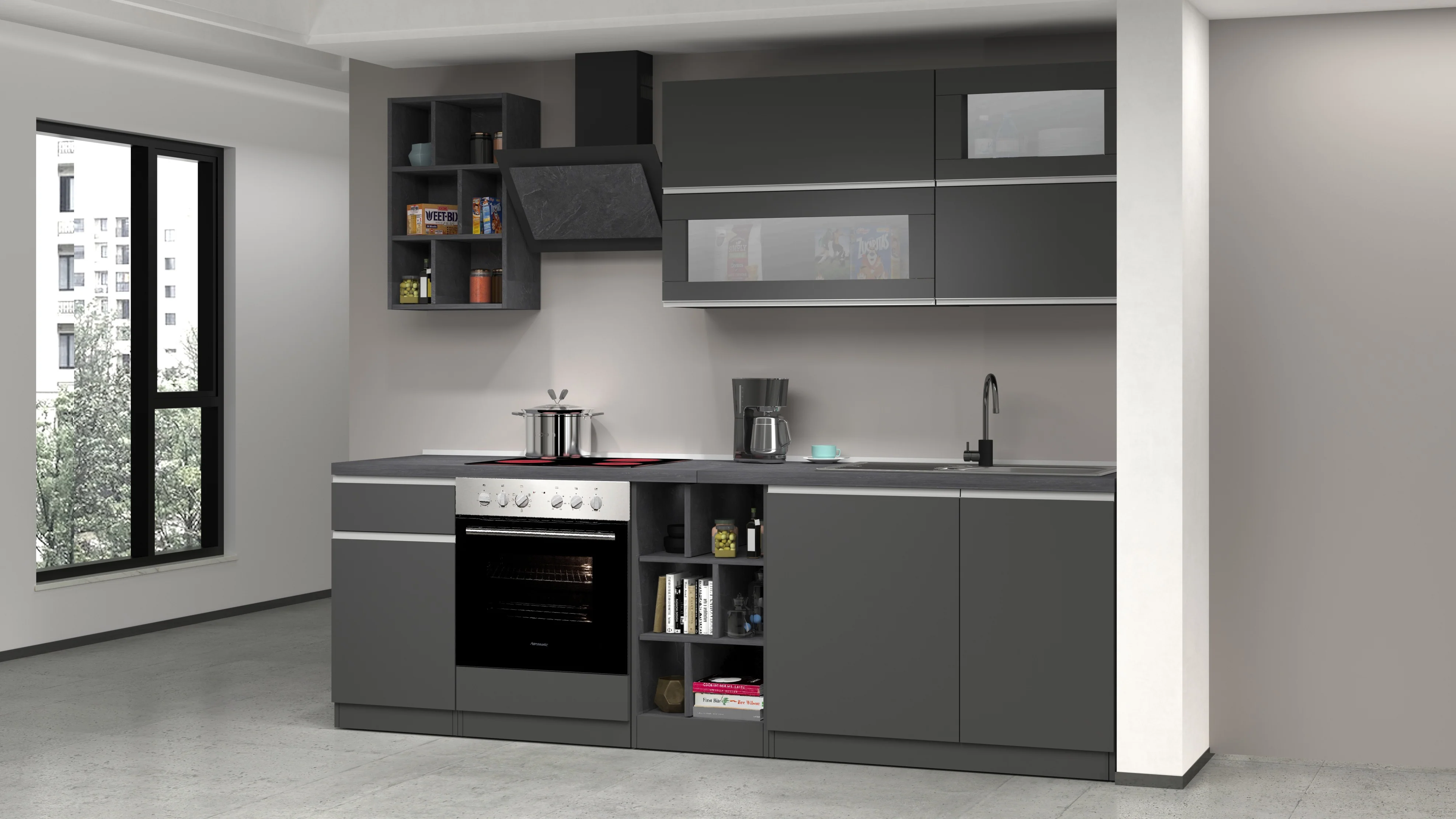 Cucina Lineare Moderna Antracite SOLE 256 cm – Soft Close, Lavello Incluso, Made in Italy - Image 4