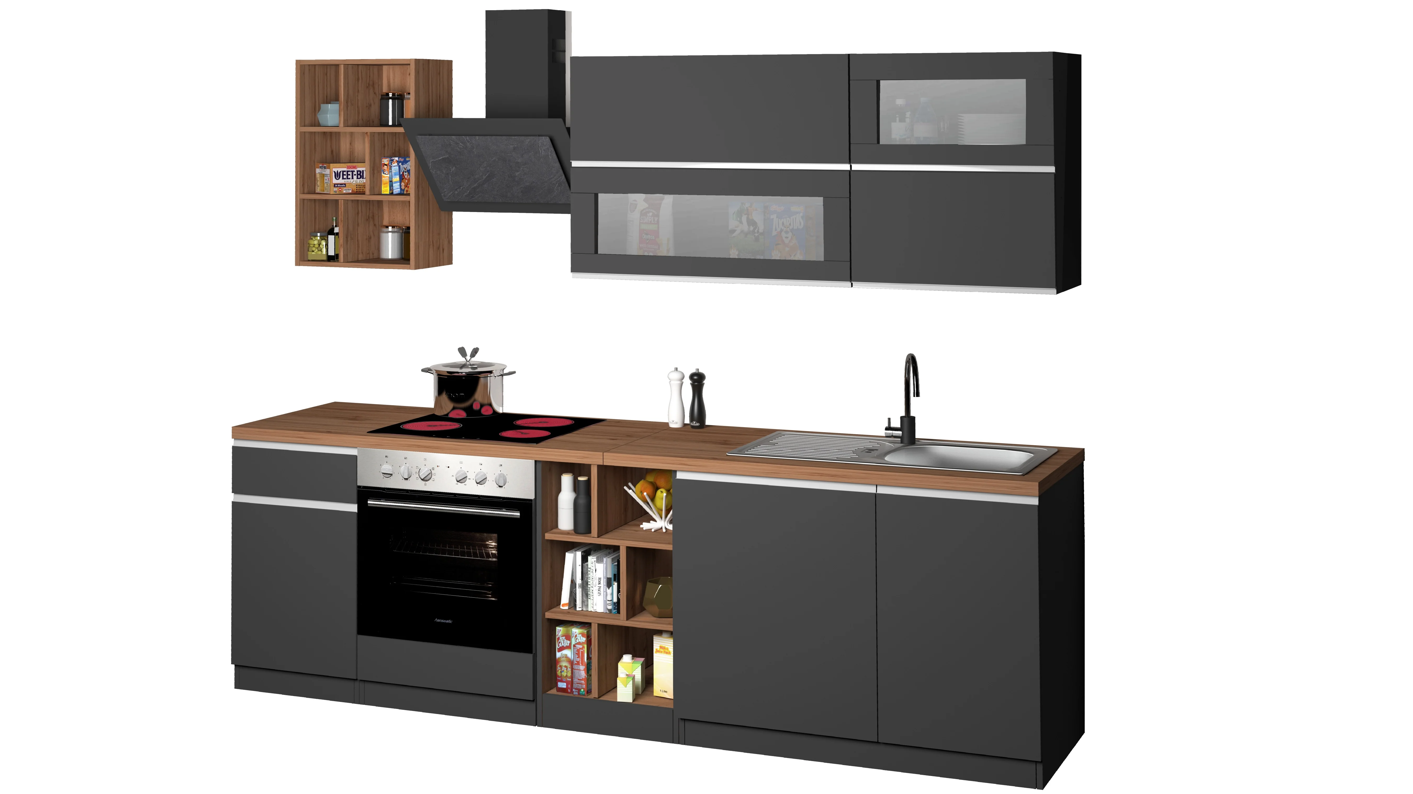 Cucina Lineare Moderna SOLE 256 cm – Antracite/Rovere, Soft Close, Made in Italy