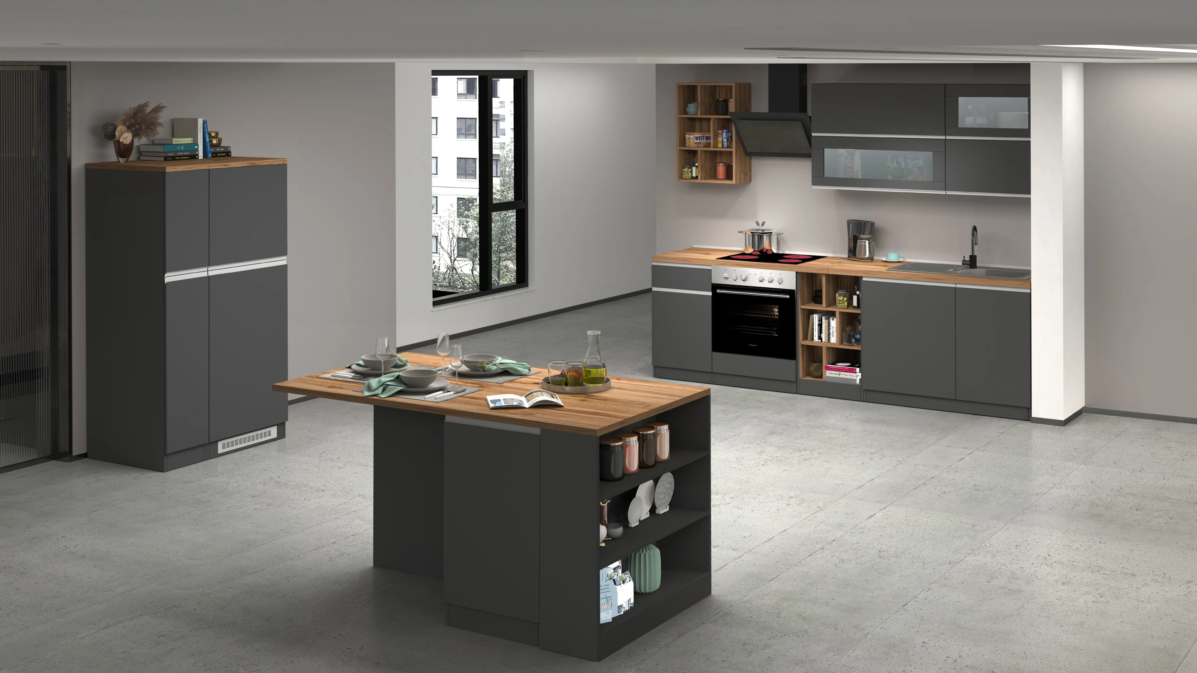 Cucina Lineare Moderna SOLE 256 cm – Antracite/Rovere, Soft Close, Made in Italy - Image 2