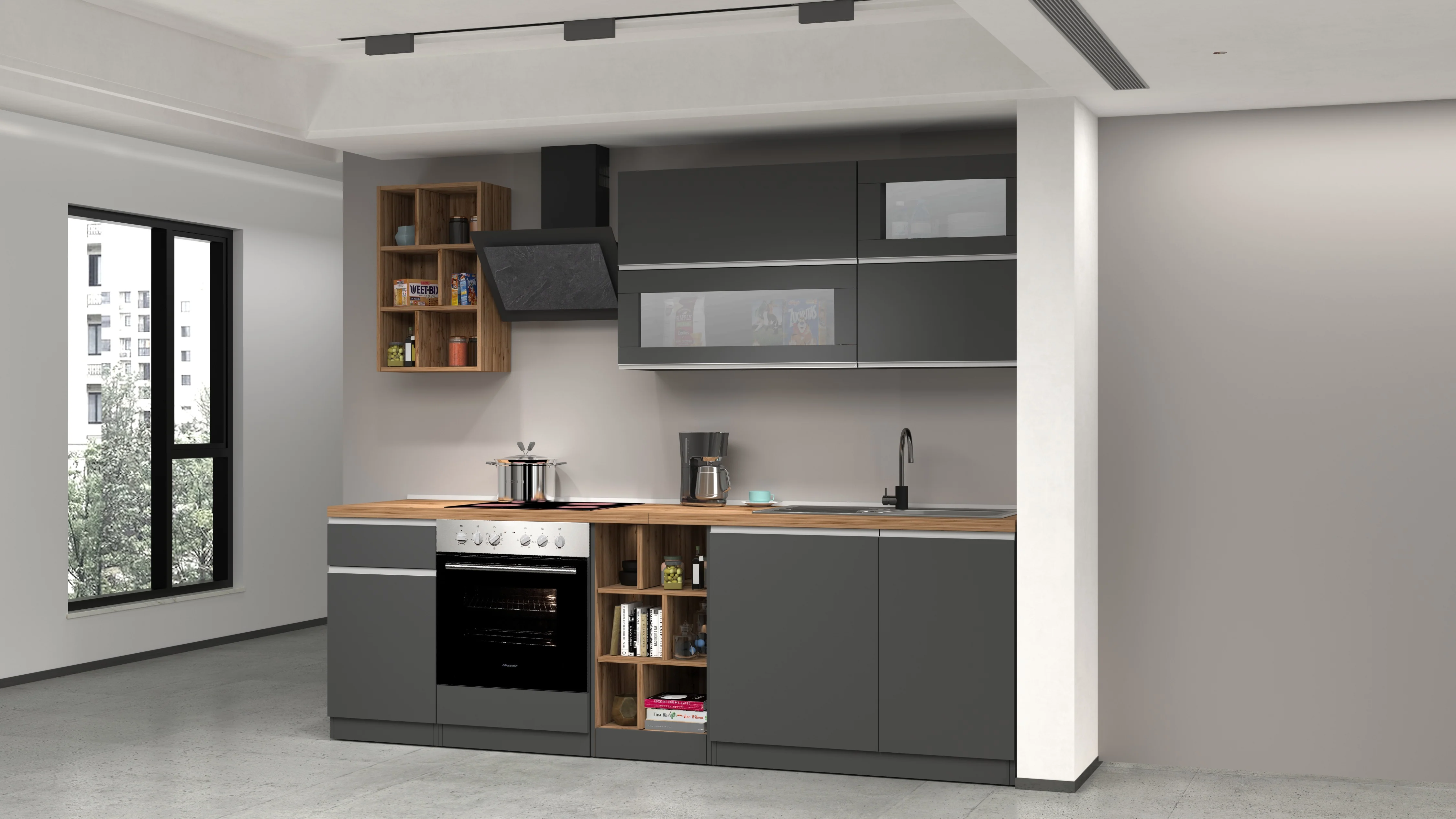 Cucina Lineare Moderna SOLE 256 cm – Antracite/Rovere, Soft Close, Made in Italy - Image 6