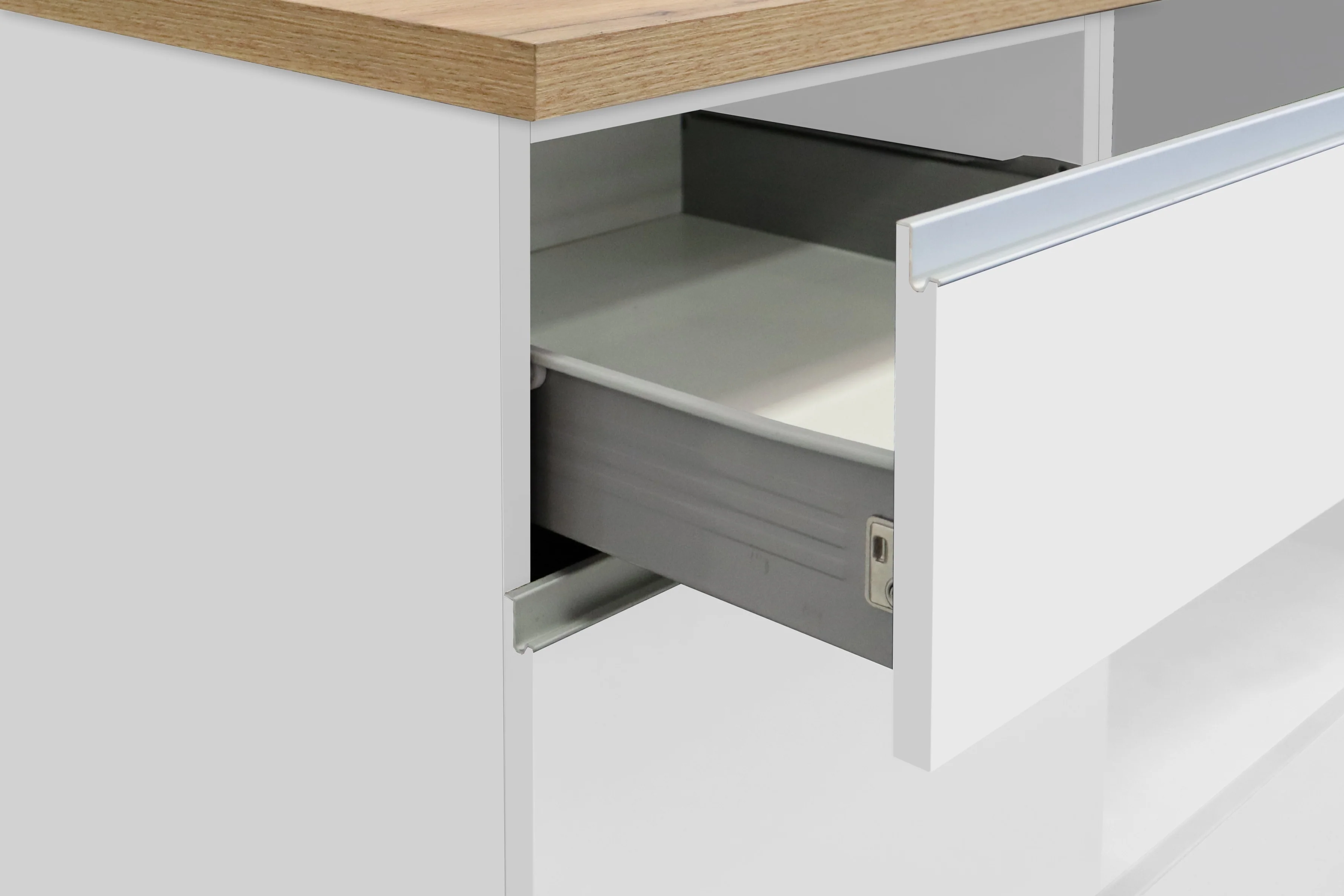 Cucina Lineare Moderna SOLE 256 cm – Bianco Lucido e Rovere, Soft Close - Image 12