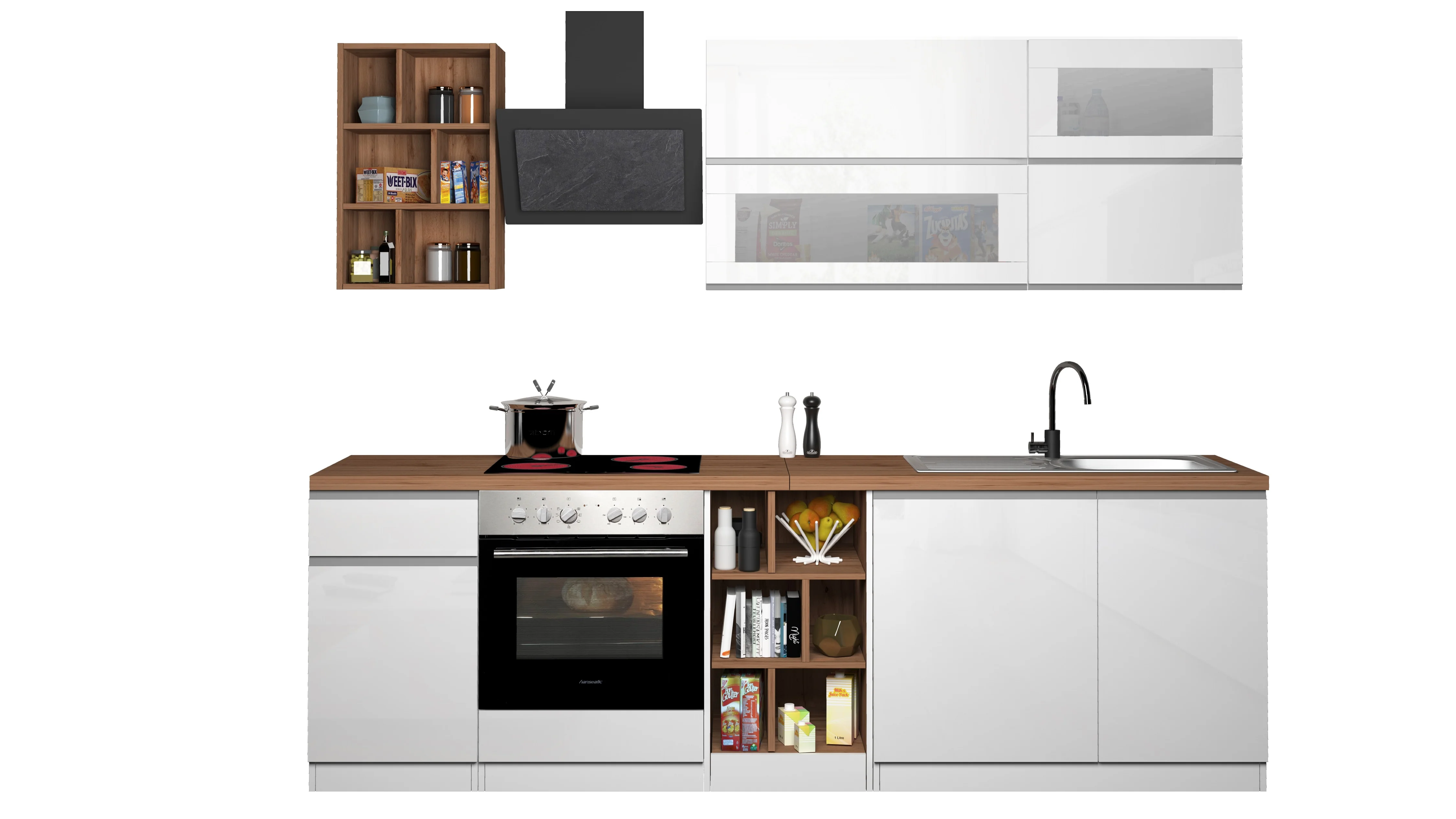 Cucina Lineare Moderna SOLE 256 cm – Bianco Lucido e Rovere, Soft Close - Image 3