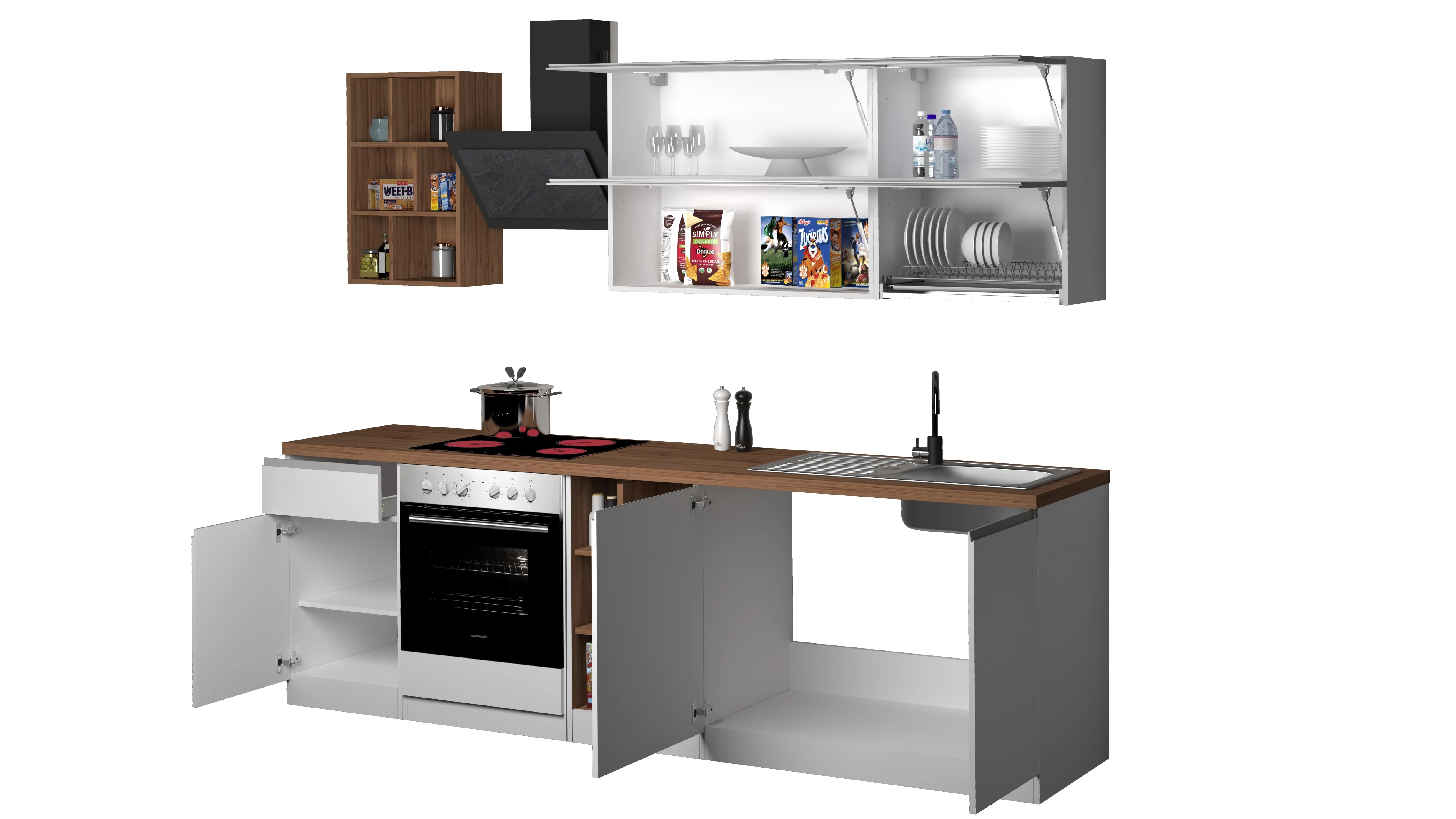 Cucina Lineare Moderna SOLE 256 cm – Bianco Lucido e Rovere, Soft Close - Image 4