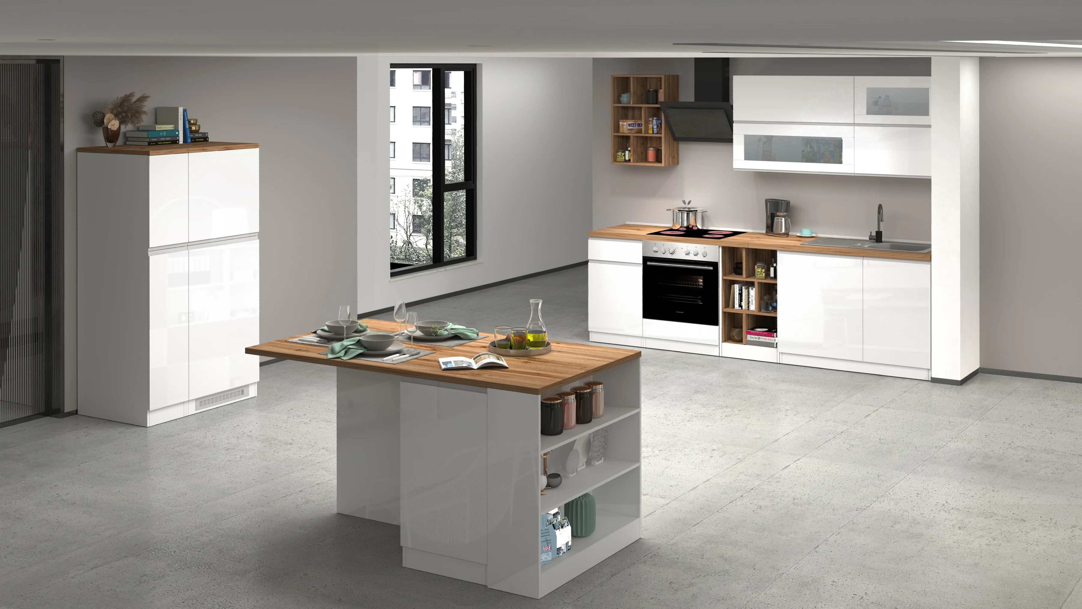 Cucina Lineare Moderna SOLE 256 cm – Bianco Lucido e Rovere, Soft Close - Image 6