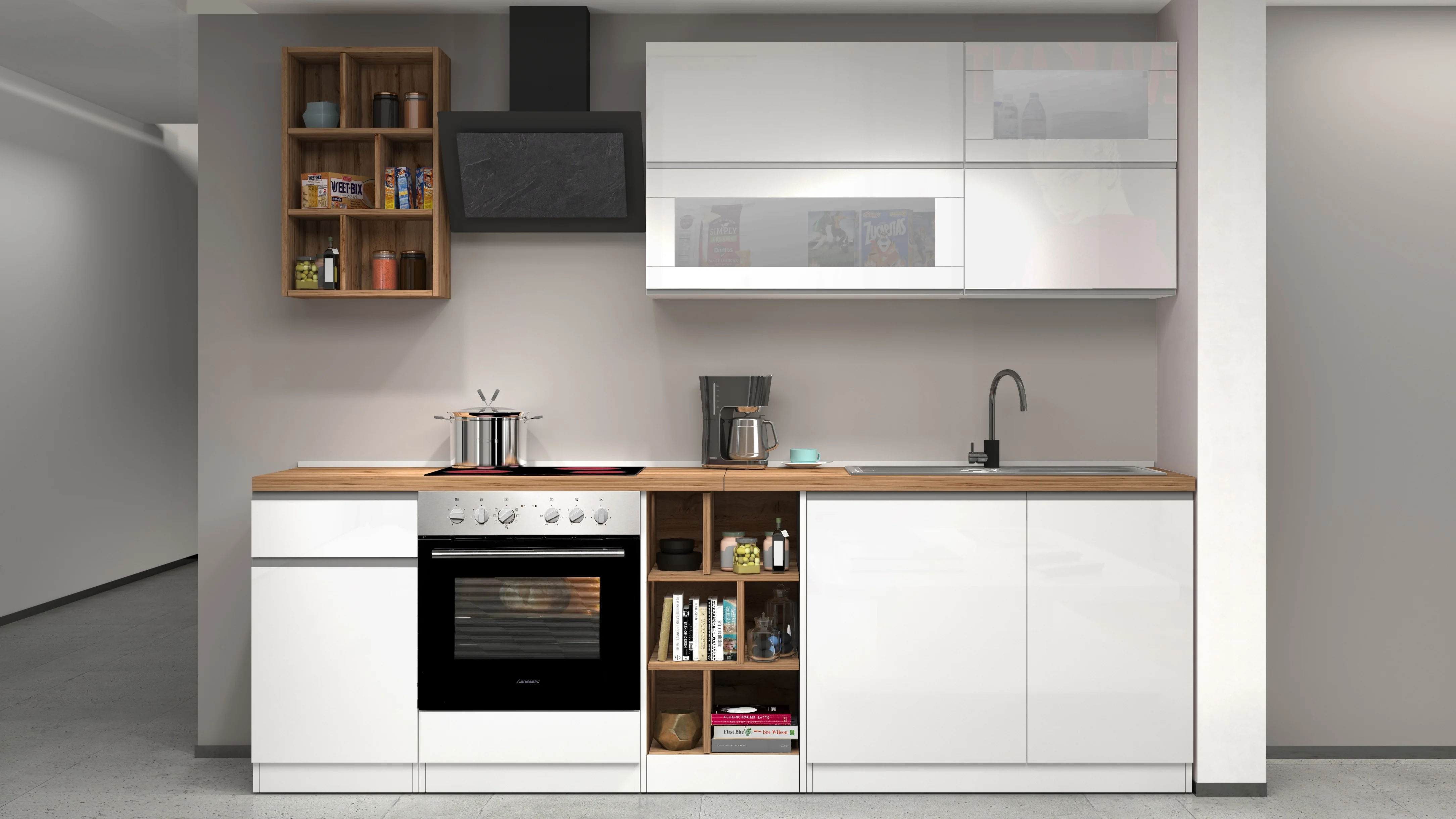 Cucina Lineare Moderna SOLE 256 cm – Bianco Lucido e Rovere, Soft Close - Image 7