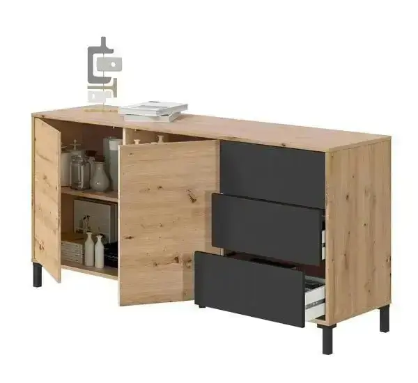 Mobile credenza con 2 ante + 3 cassetti in rovere e antracite 154X41X74H - Image 2