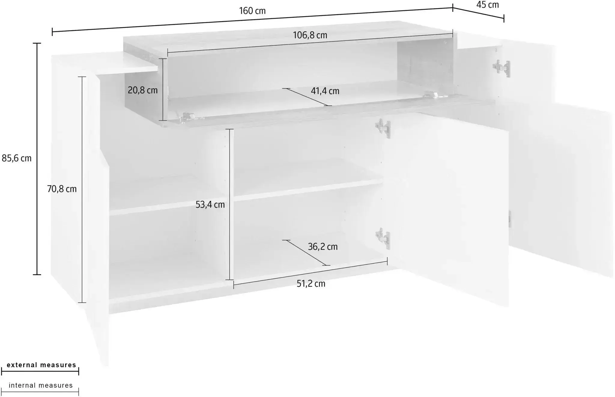 Credenza Moderna CORO con 3 Ante Battenti e 1 Anta Ribaltabile, Bianco Lucido - Acero Pereira - Image 3