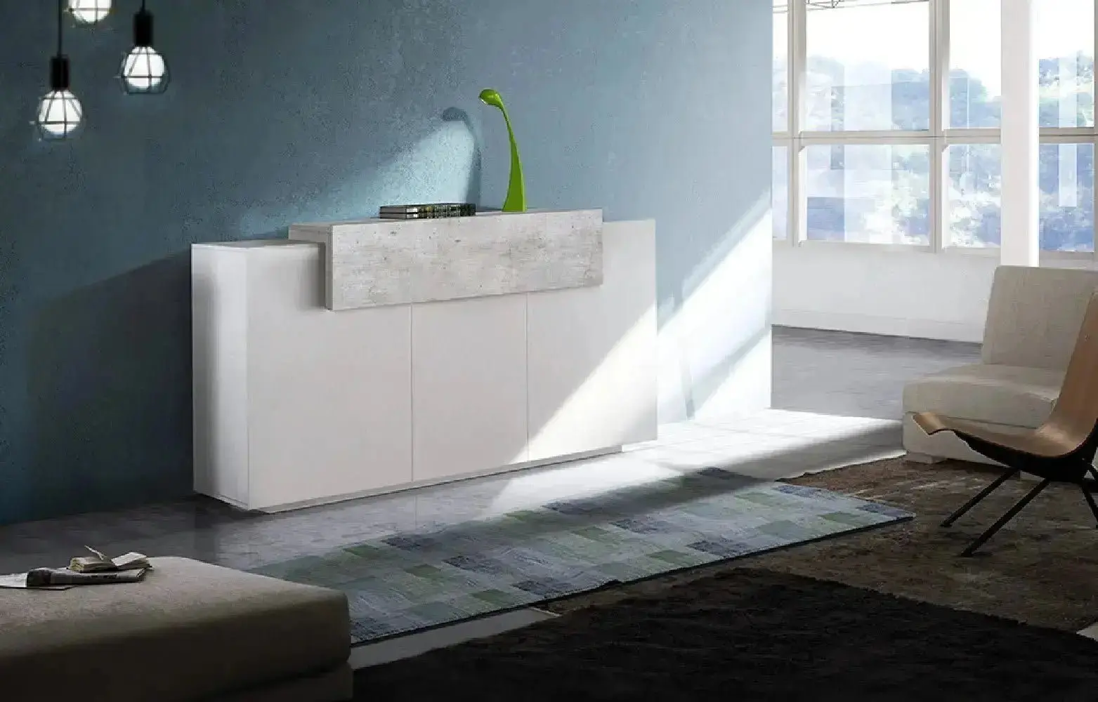 Credenza moderna CORO con 3 ante a battente e 1 anta a ribalta in bianco lucido e cemento - Image 3