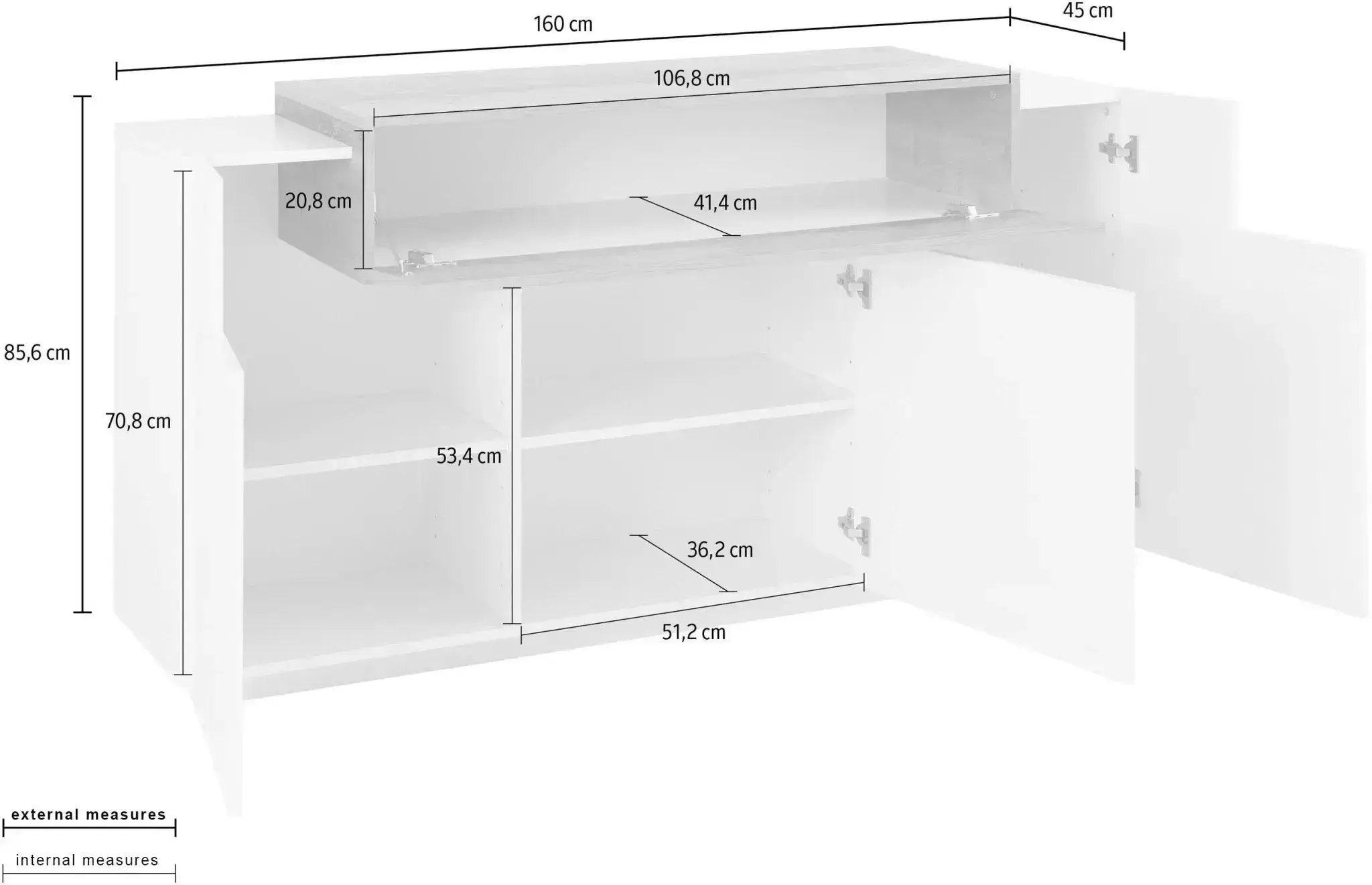 Credenza CORO Moderna 3 Ante Battente e 1 Anta Ribalta Bianco Lucido - Descrizione Técnica - Image 3