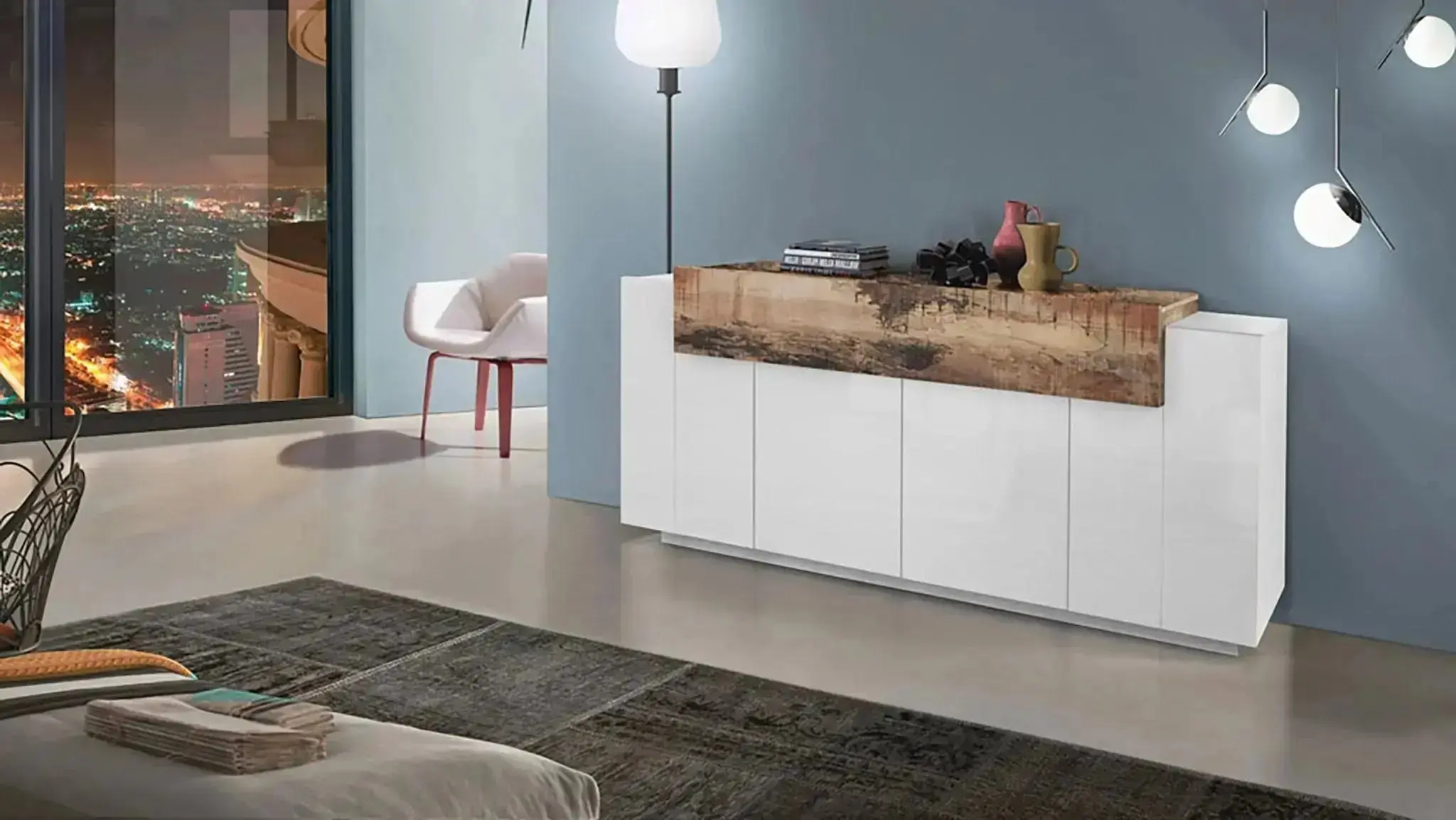 Credenza Moderna CORO con 4 Ante Battente e 1 Anta Ribalta in Bianco Lucido - Acero Pereira - Image 3
