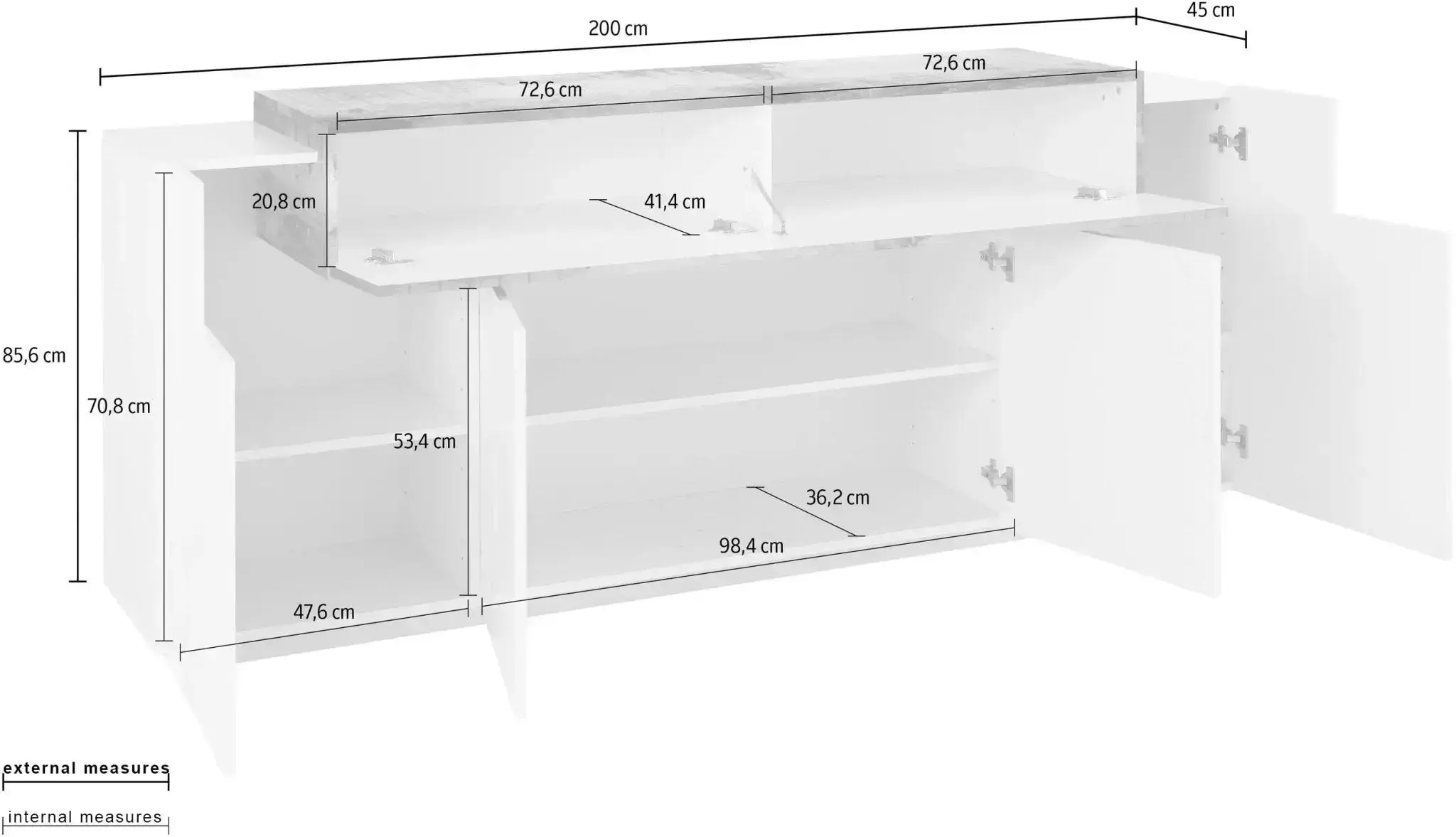 Credenza Moderna CORO con 4 Ante Battente e 1 Anta Ribalta in Bianco Lucido - Acero Pereira - Image 4