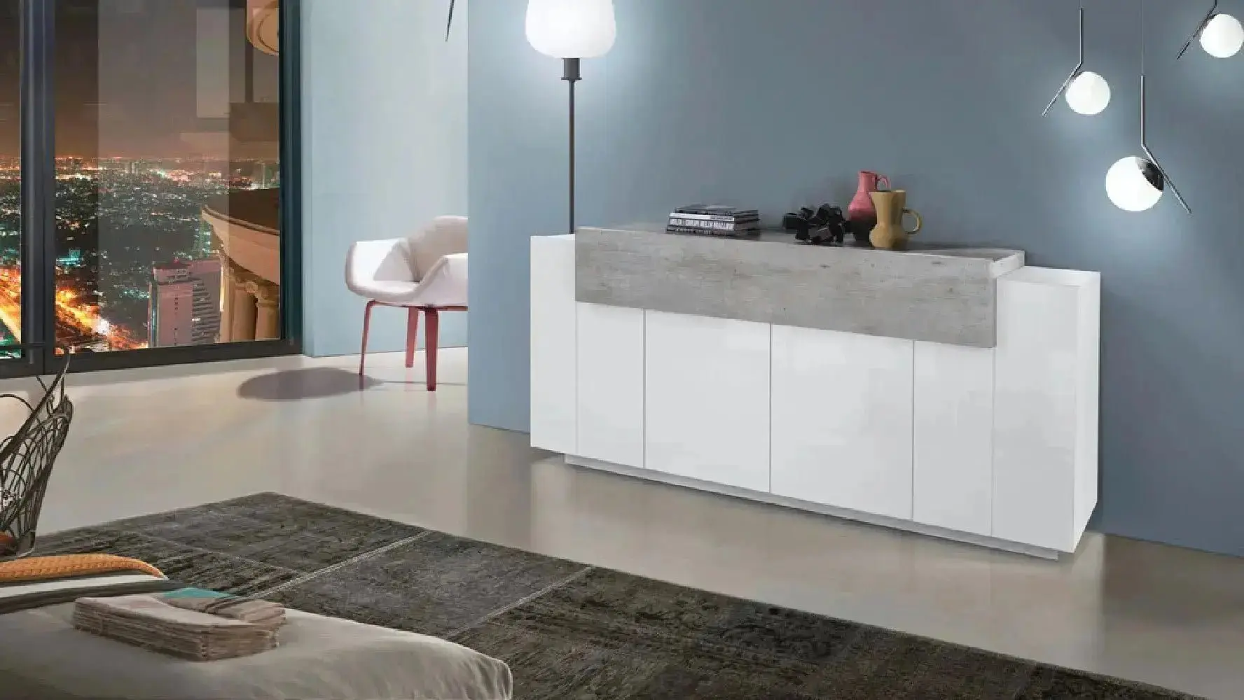 Credenza Moderna CORO: 4 Ante Battente e 1 Anta Ribalta Bianco Lucido - Cemento - Image 3