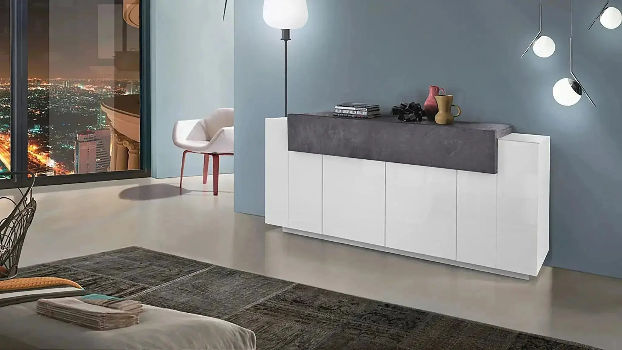 Credenza Moderna CORO con 4 ante battenti e 1 anta a ribalta in bianco lucido - report - Image 3