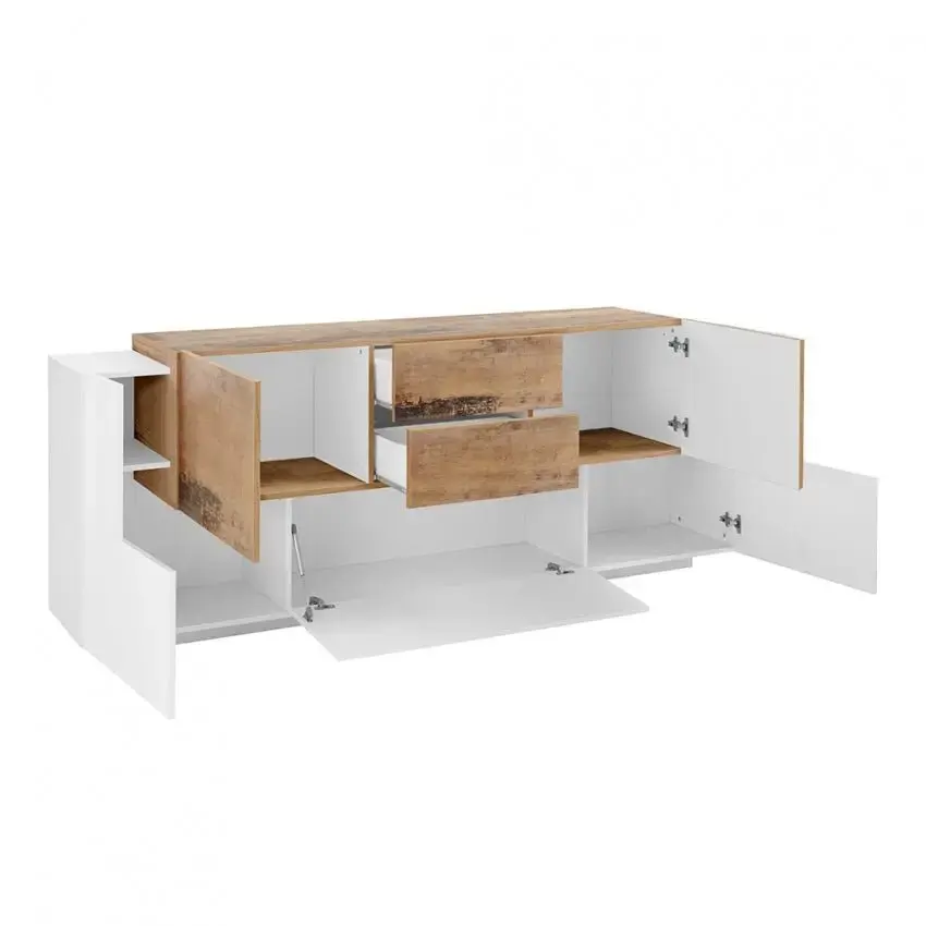 Credenza moderna NEW CORO con ante battenti, ribalta, cassetti, in bianco acero pereira - Image 3