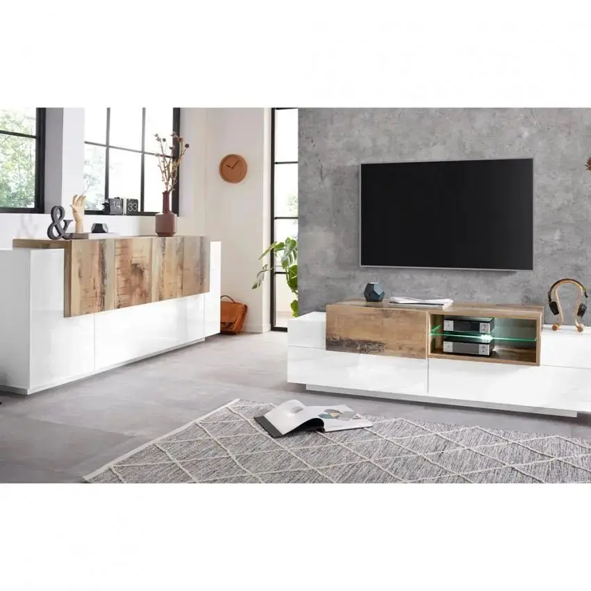 Credenza Moderna NEW CORO con 2 ante battenti, 1 ribalta e 4 ante battente in Bianco, Acero e Pereira - Image 3