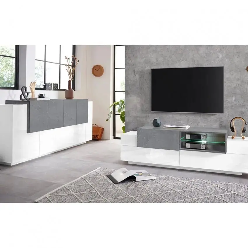 Credenza Moderna New Coro con 2 Ante Battenti, 1 Ribalta e 4 Ante Battenti in Bianco Ardesia - Image 4