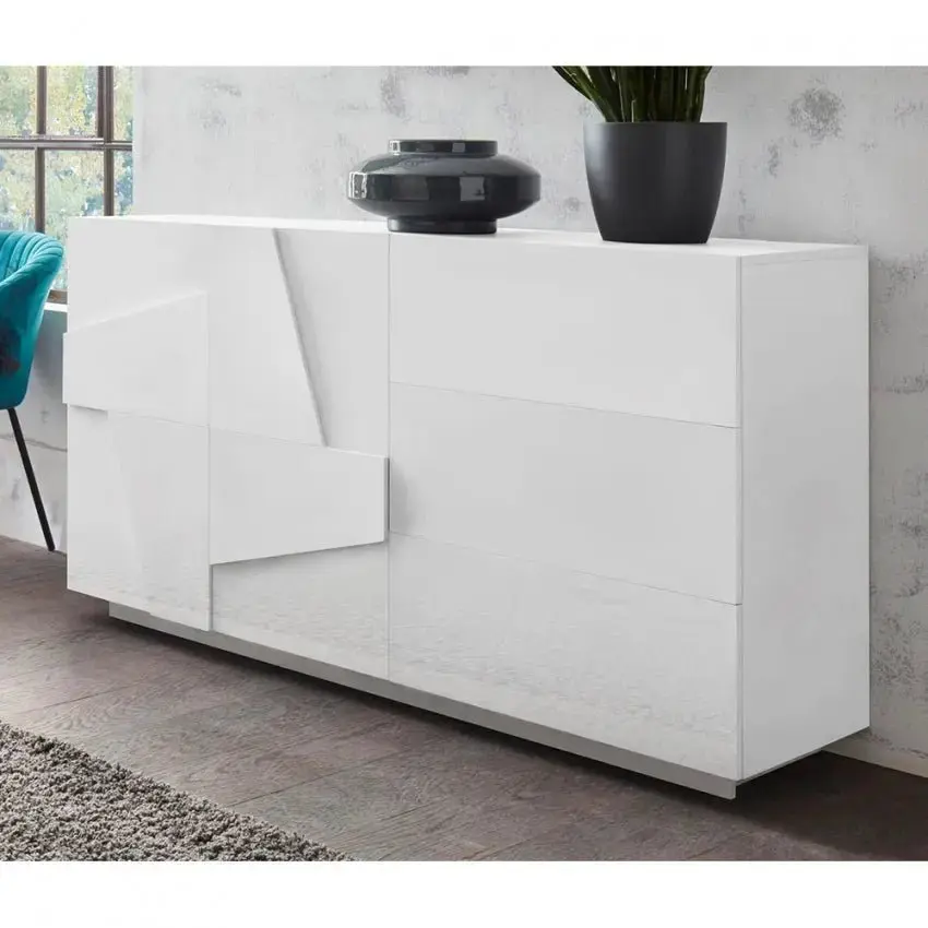 Credenza Moderna a 2 Ante Battenti e 3 Cassetti in Bianco Lucido PING - Image 4