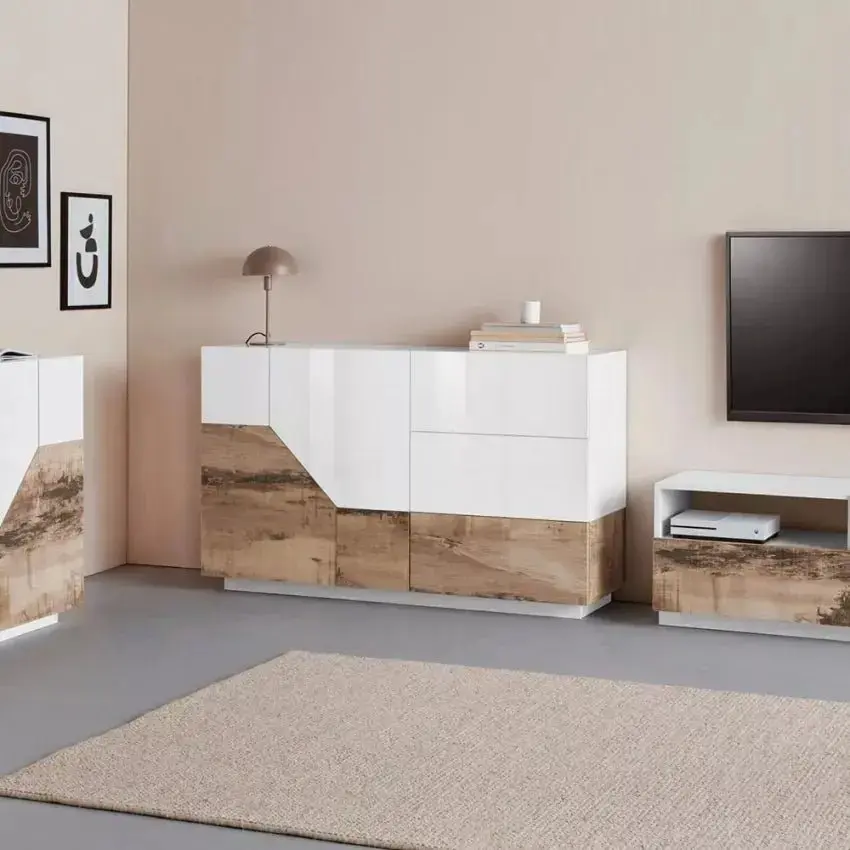 Credenza Sunrise 4 Ante + 1 Vano a Ribalta 200 Bianco Lucido/Report 200 x 40 x 82 cm - Image 2