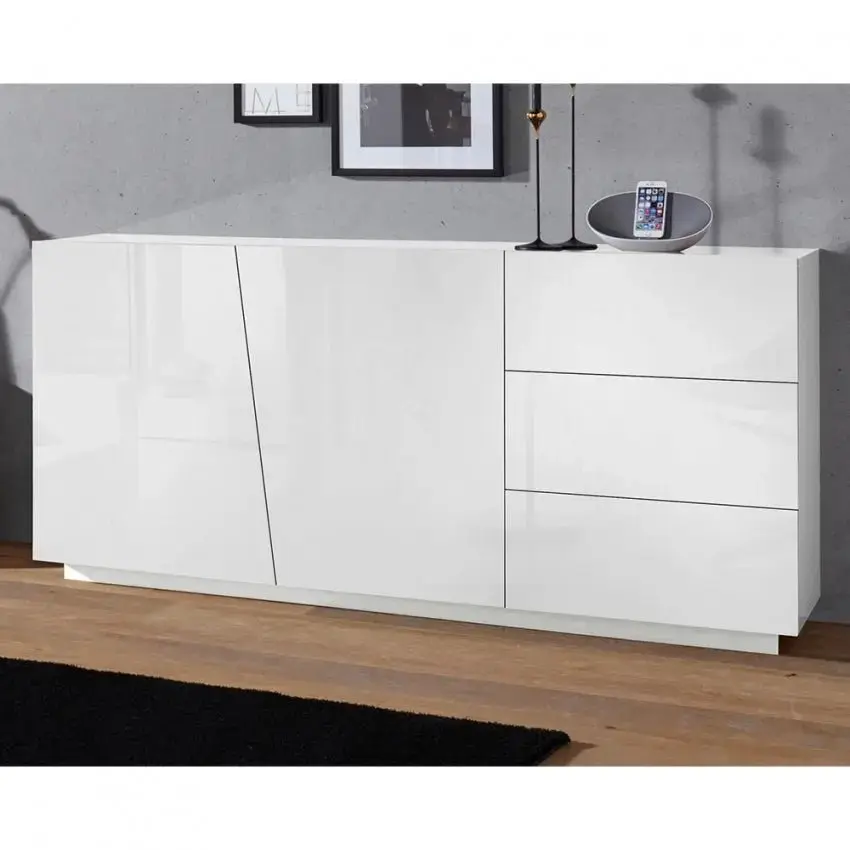 Credenza VEGA: Moderna con 2 ante a battente e 3 cassetti, colore bianco lucido 180. - Image 4