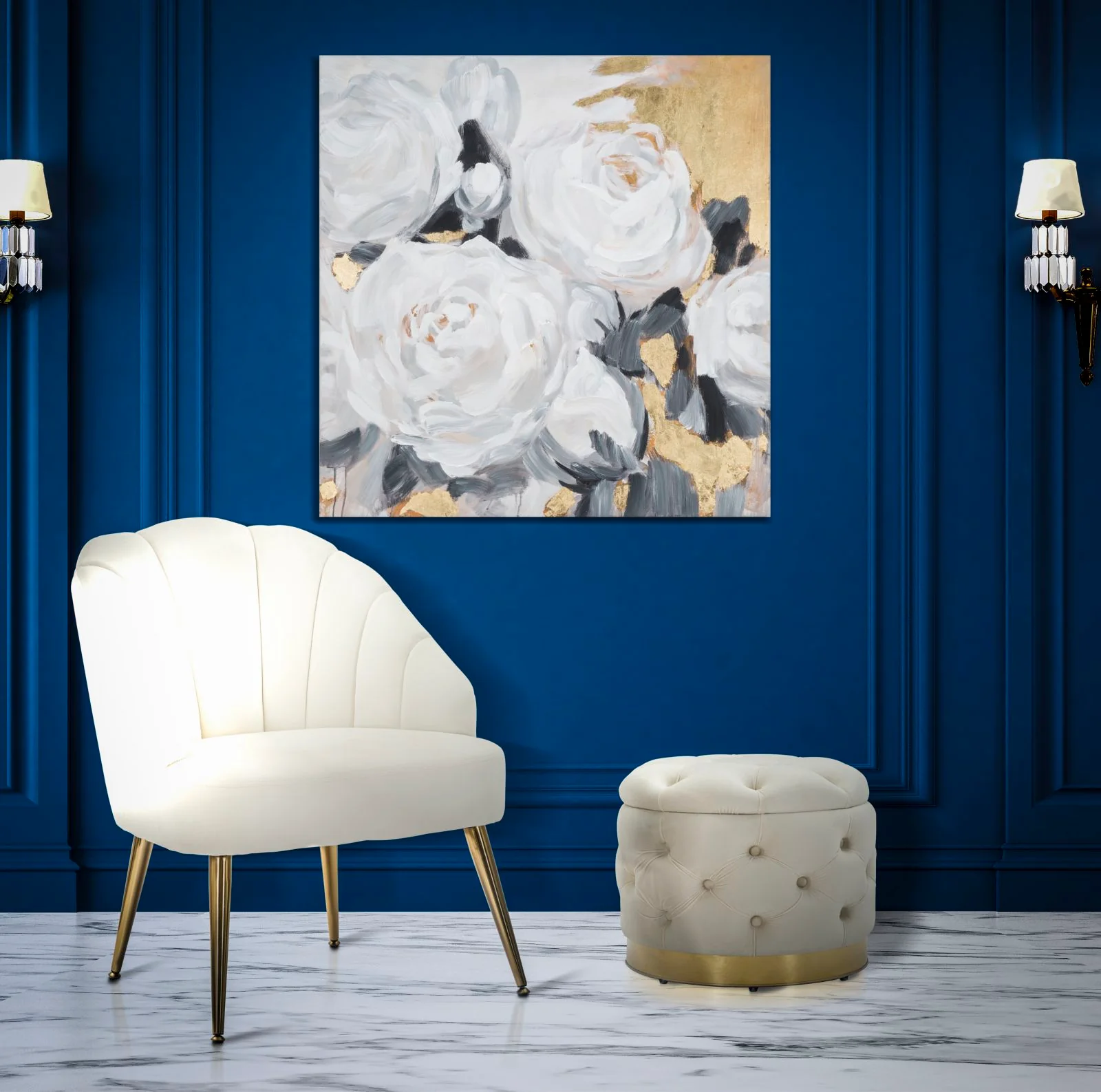 Opera d'Arte Floreale su Tela - Fiori Bianchi - 90x3,7x90 cm - Image 6