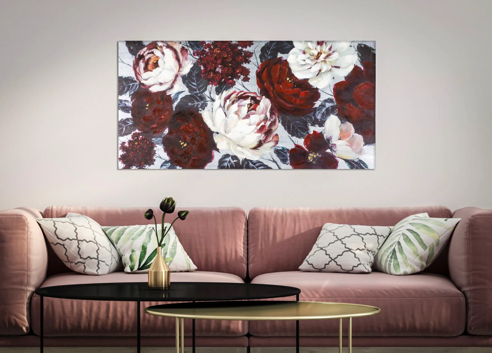 Dipinto su Tela: Fiore Rosso e Bianco su Sfondo Nero - 120x3,7x60 cm - Image 4