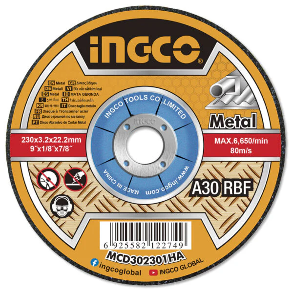 Disco taglio metallo INGCO 115mm x 3,0mm x 22,2mm – Centro depresso, alta precisione
