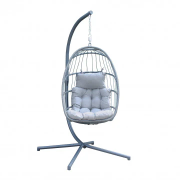 Dondolo pieghevole con struttura in metallo grigio e seduta in alluminio corde Ø6,5 mm, cuscino in poliestere abbinato. Struttura Ø 95 x 196h, seduta 73 x 64 x 108.
