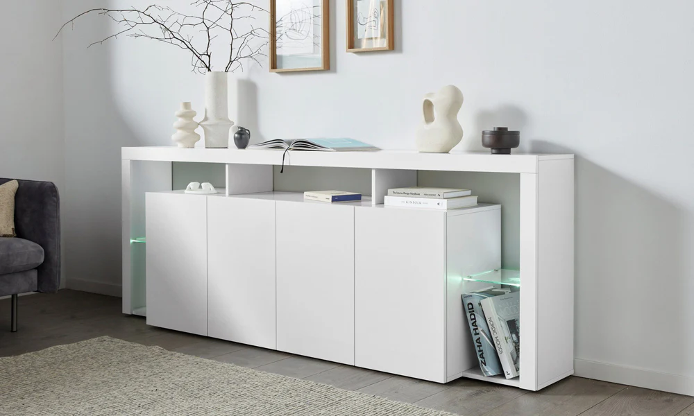 Credenza ESSENTIAL 4 Ante 220 cm - Mobile Moderno con Ripiani in Vetro e Spazi Capienti - Image 4