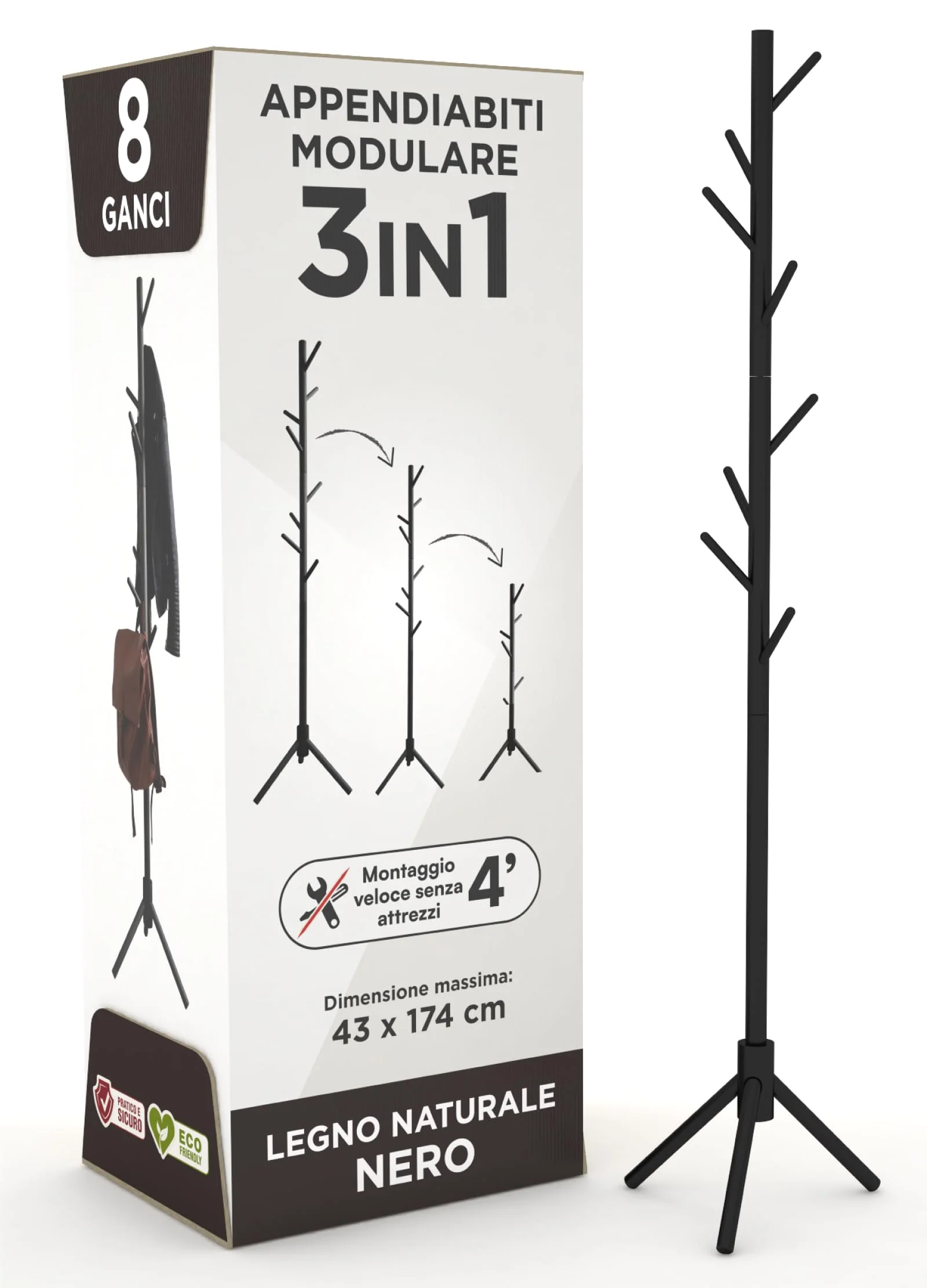 Appendiabiti in legno naturale, 8 ganci, modulare, 174 cm - Image 13
